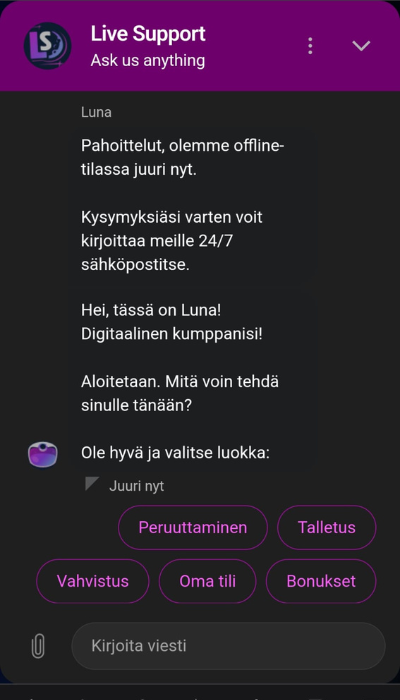 Lunarspins Casinon asiakaspalvelu