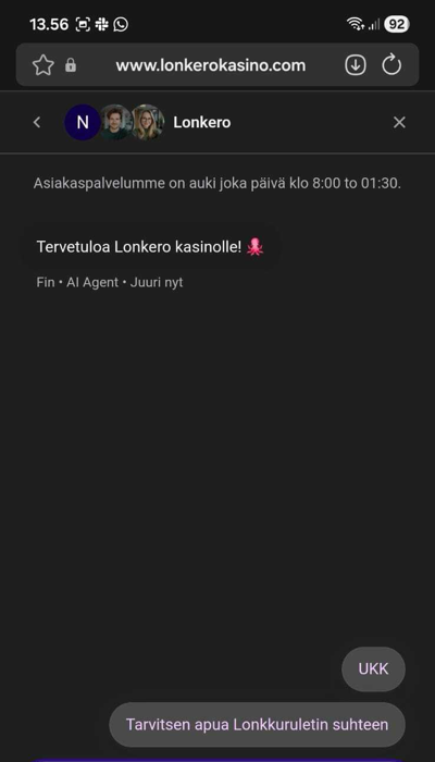 Lonkero Kasinon asiakaspalvelu