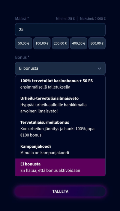 Voit valita bonuksen pudotusvalikosta
