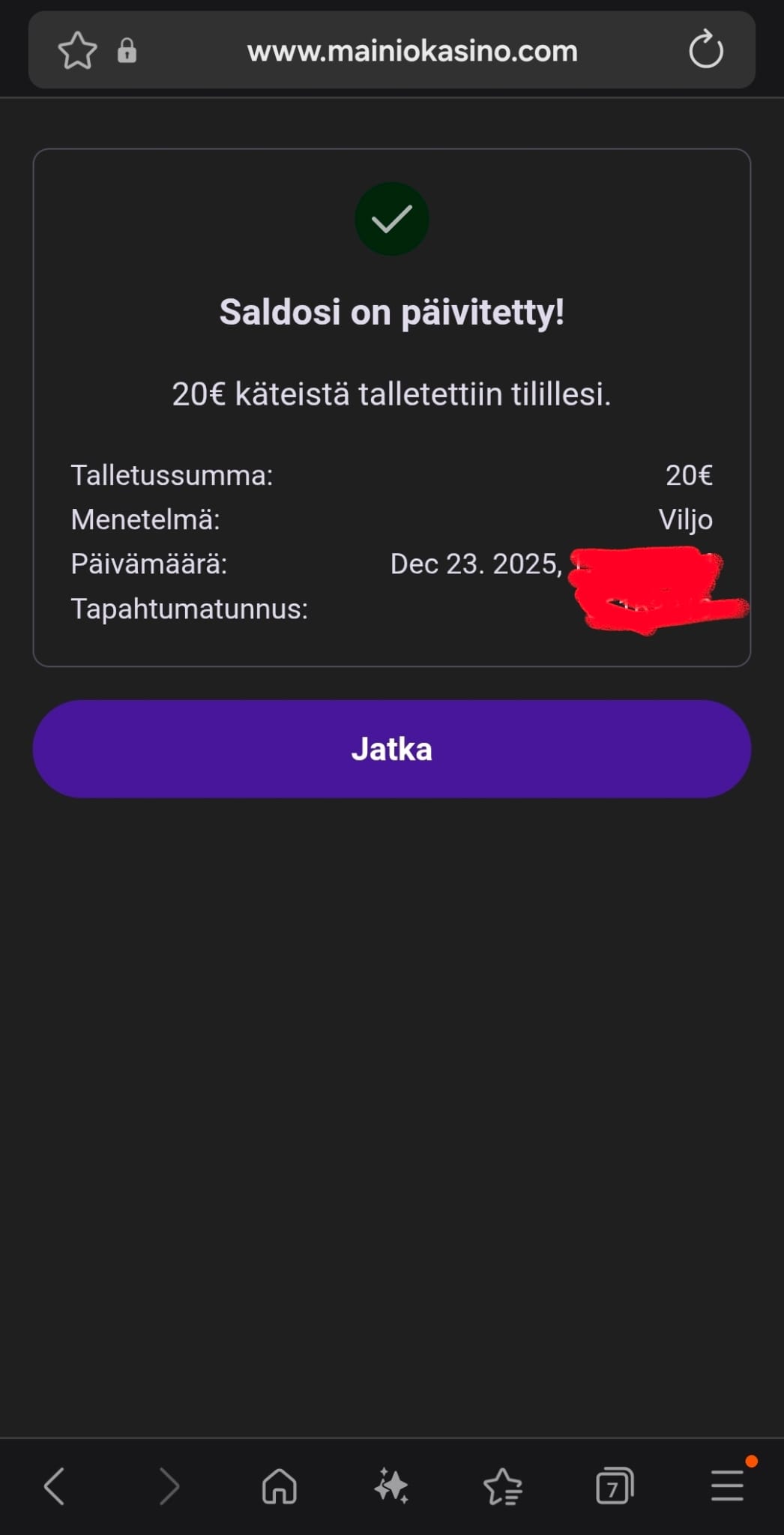 Siirsimme tilille 20 euroa