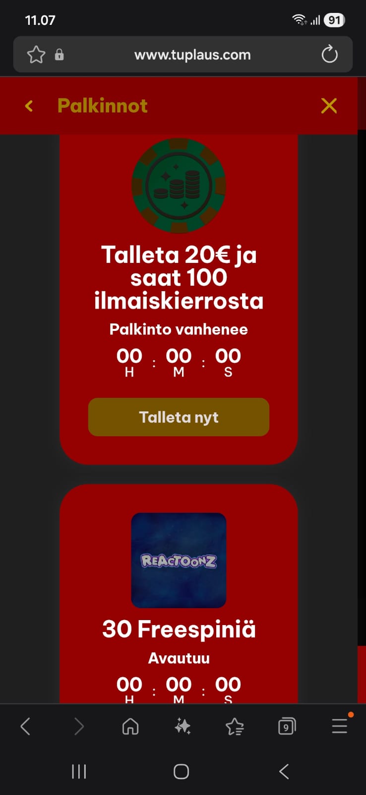 Tilin ekstrat näkyvät Palkinnot-osiossa
